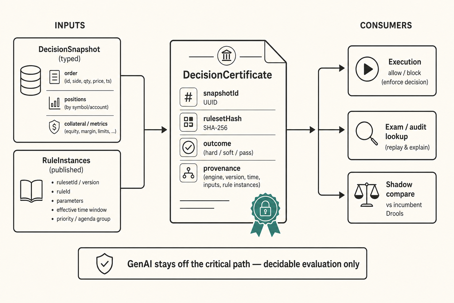 Validity lives in the off-chain certificate; the chain carries hashes, outcomes, and time. Together they are portable proof, not a facilitator’s receipt.
